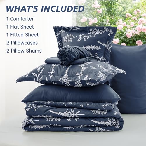 Image of MUXHOMO Oversized King Comforter Set, Navy Blue Elegant Floral Print Bed in a Bag 7 Pieces, Soft & Breathable Reversible Botanical Pattern Bedding Set with Comforter, Sheets, Pillowcases, and Shams