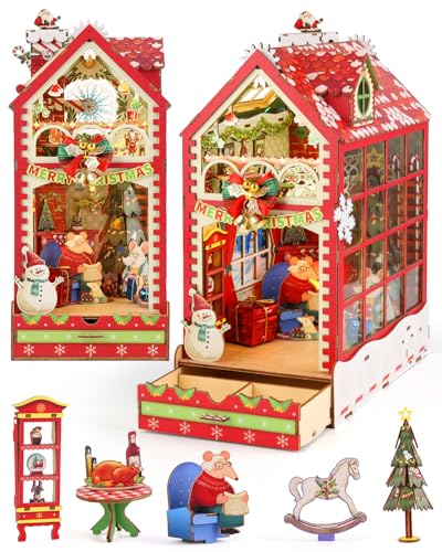 KaayeeWood Weihnachten Book Nook Kit 3D Holzpuzzle Miniatur Buchstütze Bücherregal Dekor mit LED-Licht Miniatur Puppenhaus Kit für Erwachsene Teenager Weihnachtsdekor (Bunte Weihnachten)