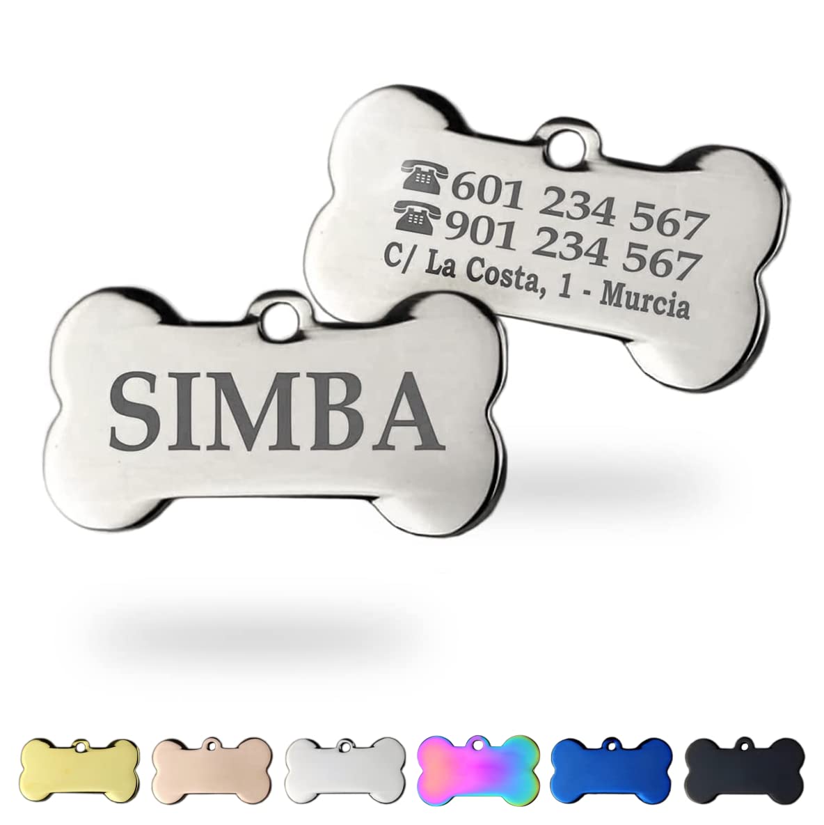 Ibera gifts - Chapa Identificación Personalizada para Perros y Gatos Medianos a Grandes - Acero Inoxidable de colores - Placa Identificativa Mascota Grabada con Nombre para Collar (Plateado)