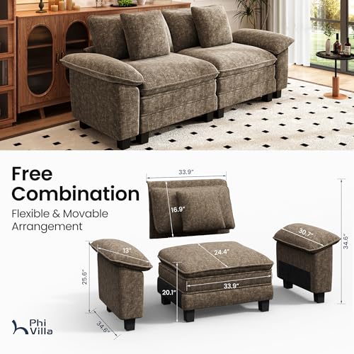 Image of PHI VILLA Indoor Modular Couches Sets, 87.5 inch Sectional Loveseat Sofa with Upholstered Deep Seat, 2-Seater Comfy Couches for Living Room Bedroom, Chenille Grayish Brown