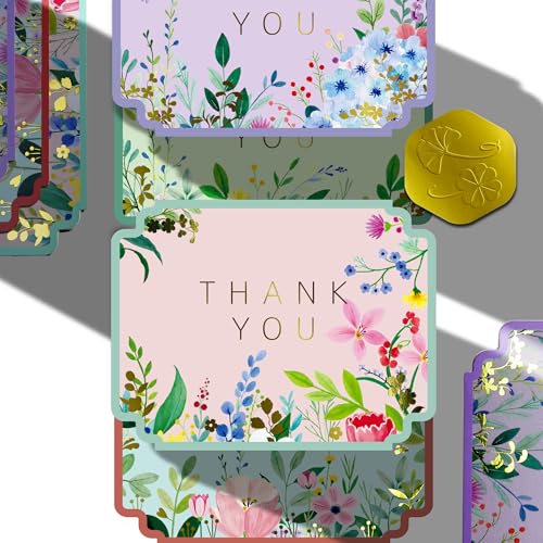 100 Floral Thank You Cards with Envelopes Bulk - 4 Die-Cut Edges, Hand-Painted Designs, Sage Green Lace-Lined Env | Baby Shower Thank You Notes, Wedding, Graduations, Small Business, 4.25'x5.5'