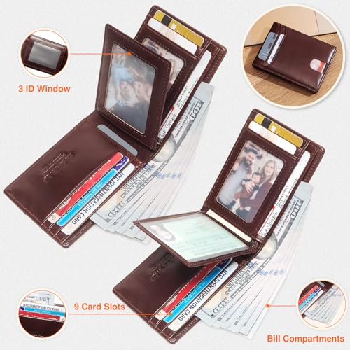 Chain Wallets for Men, Genuine Leather Purse RFID Blocking Bifold Wallet with Wallet Chain, Pickpocket Proof Slim Chain Wallet for Men (Coffee)2