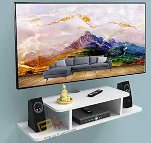 EMIWUD FURNITURE Wooden Floating TV Entertainment Unit - Wall Mounted Stand for Set Top Box, Wall Hanging Storage Shelf/Cabinet/Rack for Home, Bedroom, Living Room (White)