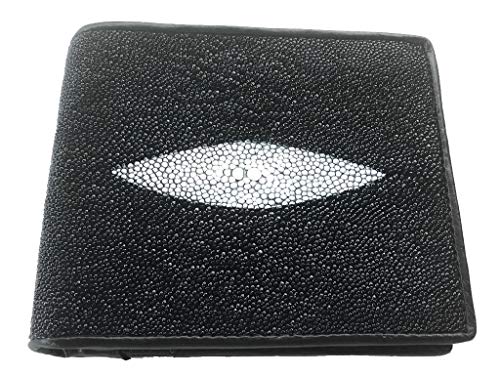 Julie Genuine Real Stingray Skin Leather 2 Eye Man Bifold Shiny Black Wallet