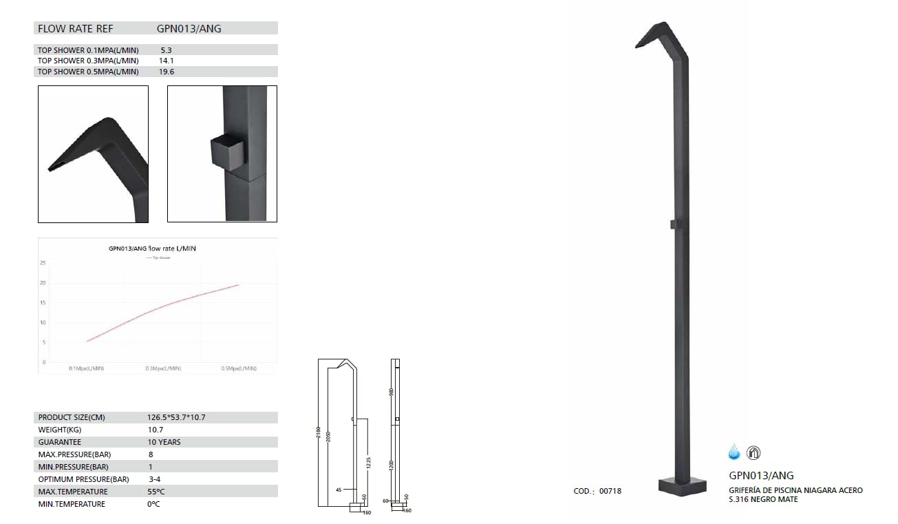 Mice - Columna de Ducha Exterior para Piscina, Jardin, SPA - 1 Via de Agua Fria - Monofluido - 218 cm de Alto con Rociador Tipo Cascada/Negro Mate