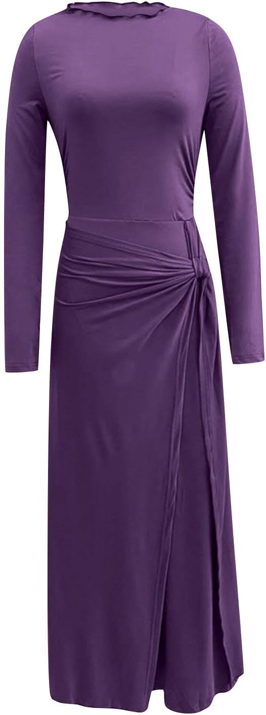 Lmdudan Womens Mock Neck Bodycon Maxi Dress Long Sleeve Tie Waist Side Slit Dress Formal Guest Cocktail Party Dresses