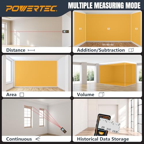 Image of POWERTEC Laser Measure 165 ft (50 m) Digital Distance Meter with Angle Sensor, Backlit LCD, Area /Volume /Pythagorean Modes, Continuous Measurement, Memory, Batteries Included (72316)
