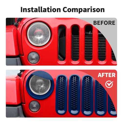 Image of JWWY Front Grille Insert Radiator Grille Grillwork Surround Assembly Inserts Headlight Headlamp Cover Trim Set Fit for 2007-2017 Jeep Wrangler JK JKU Exterior Accessories 9pcs Blue