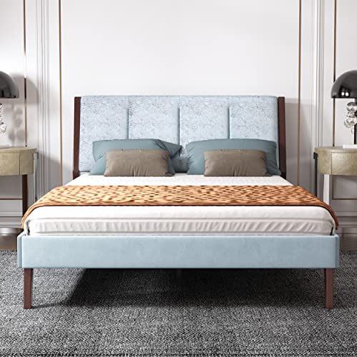 Agartt Modern Upholstered Platform Ful Size Bed Frame With Unique Headboard Easy Assembly Sky Blue Velvet #TOP1