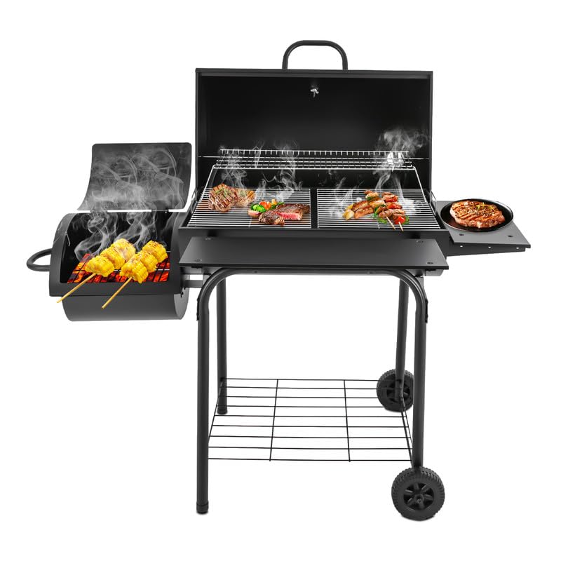 Barbacoa de carbón vegetal con tapa, termómetro, mango de acero inoxidable, ruedas, caja de cenizas y parrilla, 147 x 70 x 126 cm, barbacoa de pie para exteriores