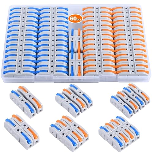Lever Wire Connectors, DIANZHU 60Piece Inline Wire Connectors kit for Quick Connect, Push in Compact Splicing Electrical Connectors Butt Terminals for Circuit Inline 28-12 AWG 1 in 1out