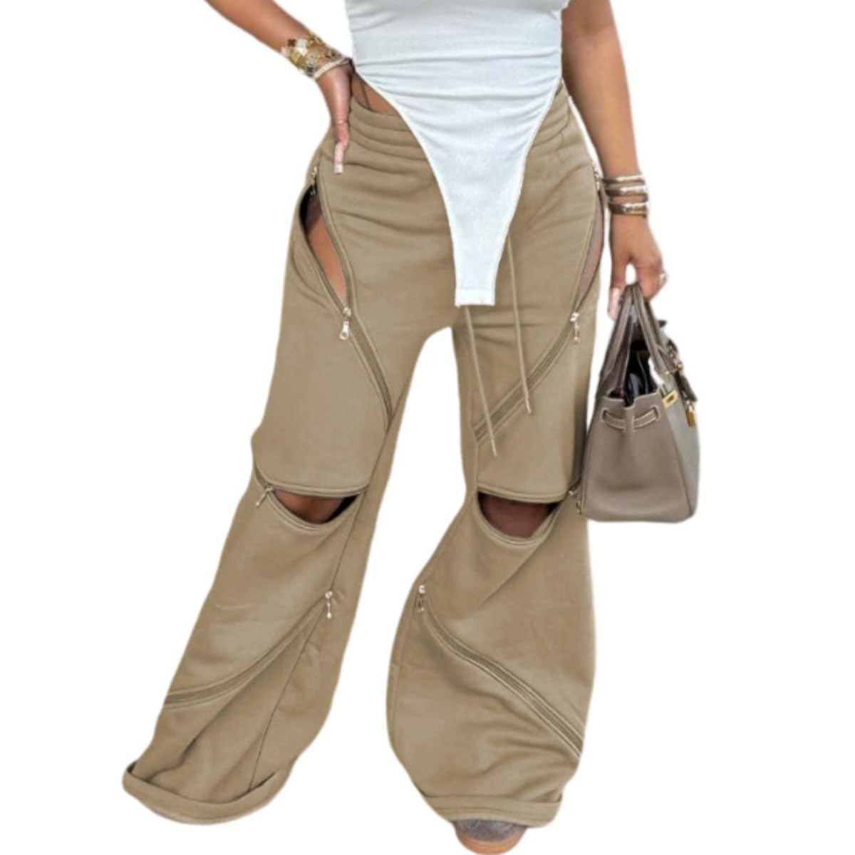 Ynaeidta Casual Sport Pants for Women Fashion High Waist Zipper Hole Hollow Out Pants Trousers Khaki X-Large