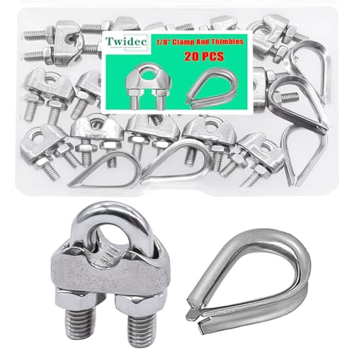 Twidec N-075-20PCS 304 Stainless Steel 1/8 Inch Wire Rope Cable Clip Clamp And Stainless Steel Thimbles cover
