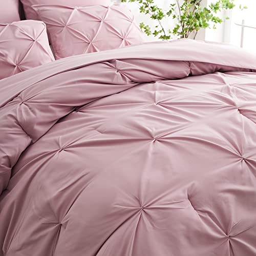 Ubauba 5pc Twin Size Comforter Set with Sheets, Pink Pintuck 5 Piece Bed in a Bag with Comforter, All Season Pinched Bedding Comforters & Sets (Pink,Twin)