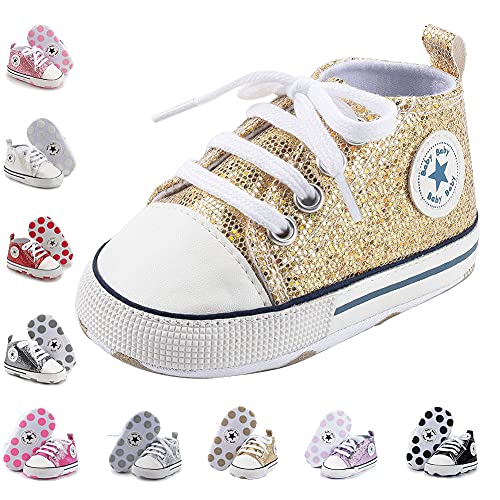 Newborn Baby Girls Boys Canvas Shoes Infant Soft Sole Slip On First Walkers Sneaker Toddler Flat Lazy Loafers High Top Crib Denim Unisex Moccasins Shoe (B/Gold, 0-6 Months) #TOP30