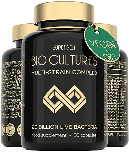 Bio Cultures Complex - Gut Health Live Bacteria Supplements for Men & Women - 20 Billion CFU - 30 Acid-Resistant Capsules - Multi-Strain Vegan Tablets with Acidophilus