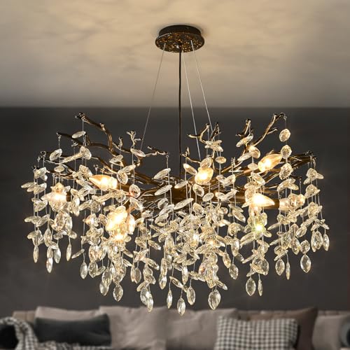 EGM 32-Inch Black Crystal Chandelier 10-Light Living Room Branch Chandelier