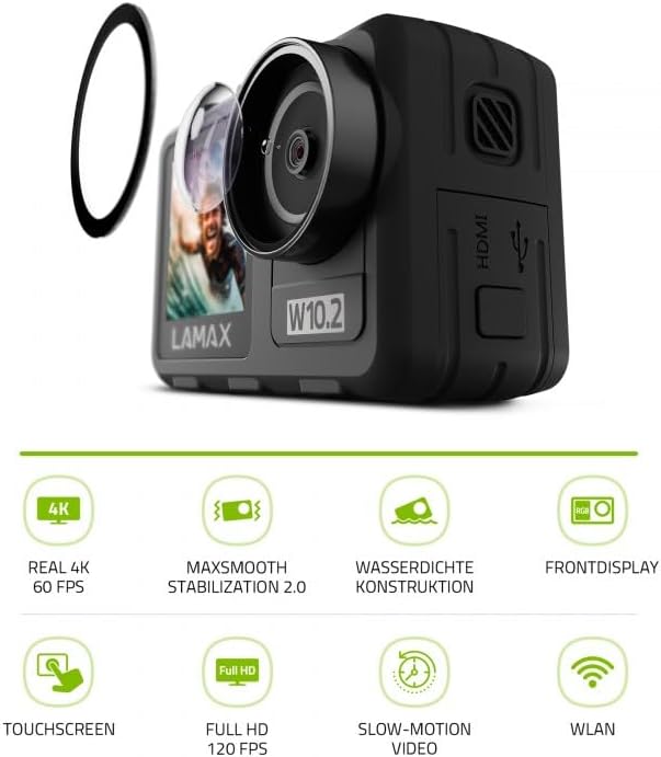 LAMAX W10.2 camera with feature icons