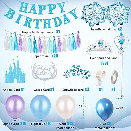 Frozen Birthday Decorations Girls, Happy Birthday Frozen Balloons Banner Frozen Party Decorations Set with Foil Balloons Paper Tassels Fairy Crown and Cane,Snowflakes Cake Topper, Princess Castle