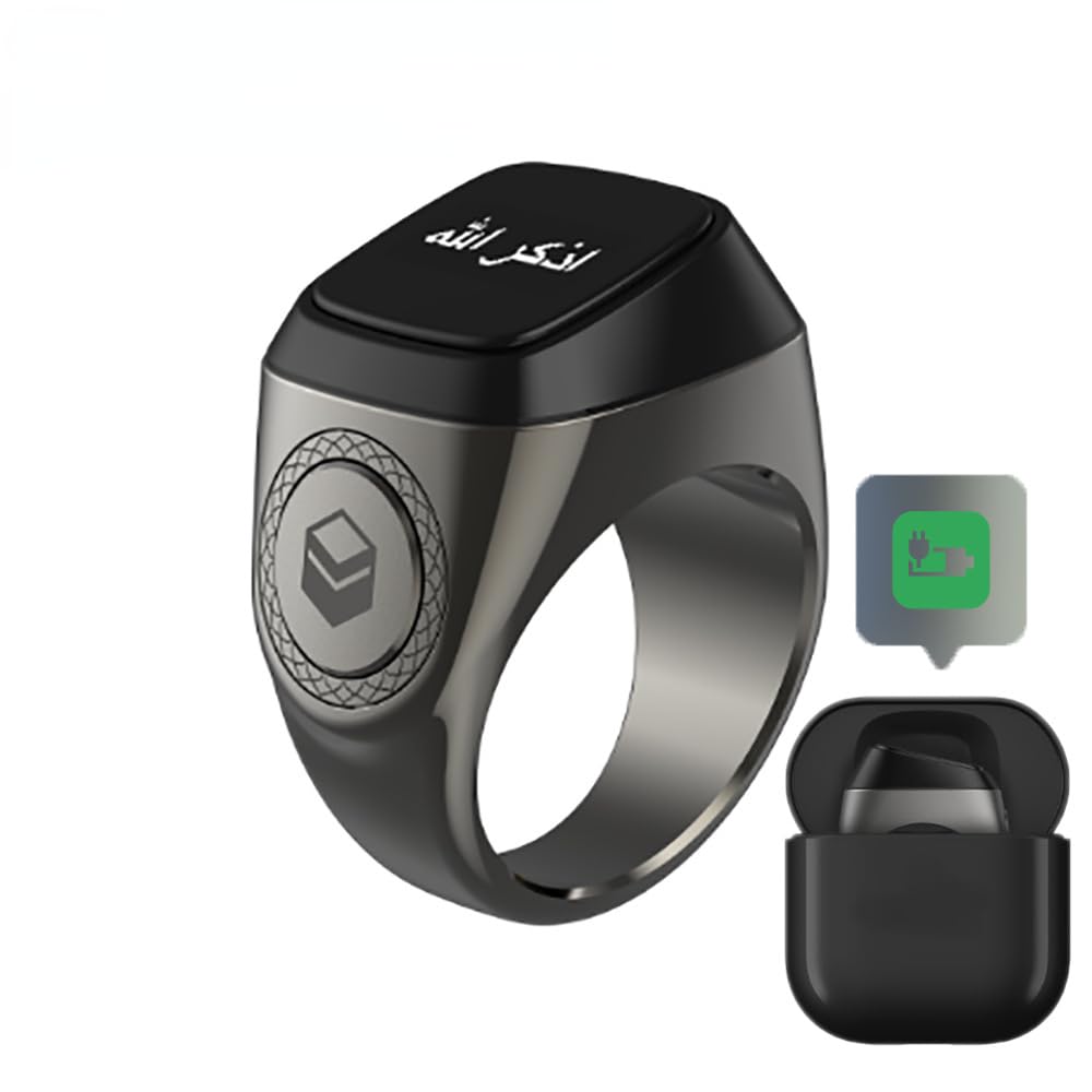 Smart Tasbih Zikr Ring Flex Digital Ring with Charging Box, Digital Counter, Plastic Version, 3 Sizes, Muslim Prayer, Prayer timing reminder, OLED display Tasbih Counter, Smart Ring (Black,20mm)