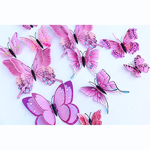Somotersea 24Pcs 3D Butterfly Wall Decals Removable Butterfly Decor For Girls Stickers Kids Bedroom And Room Decoration Art Mural Double Wings Pink #TOP3