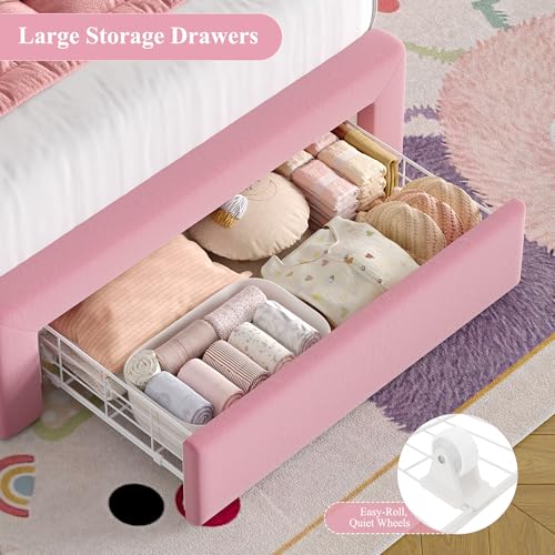 Image of Keyluv Twin Size LED Bed Frame for Girls with Storage Bookcase Headboard&Charging Station, Velvet Upholstered Platform Bed with Large Drawer &USB Ports, Sturdy Metal Support, No Box Spring Need, Pink