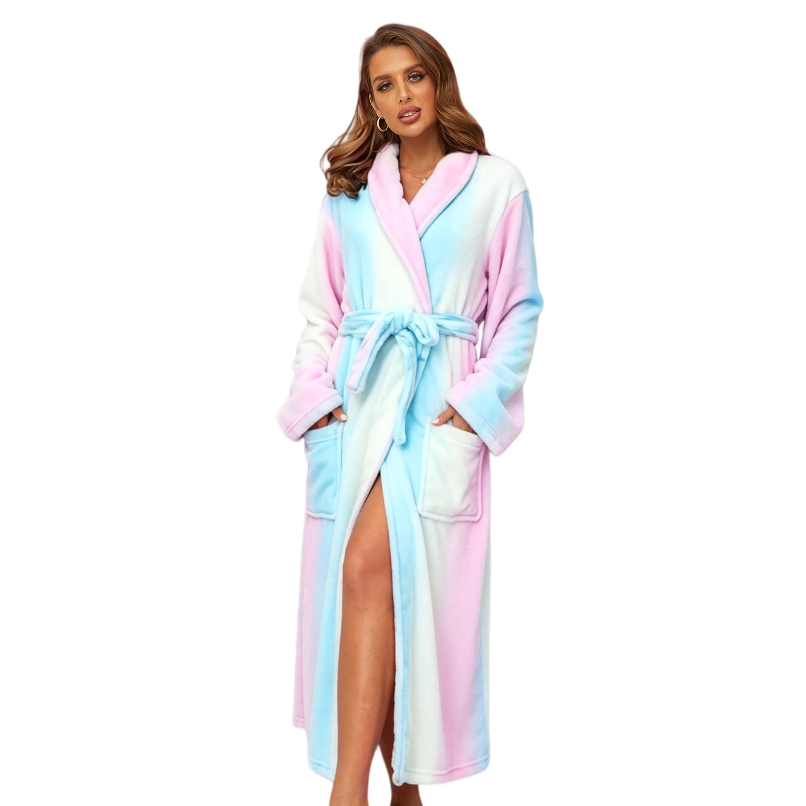 Rongtai Women's Rainbow Bathrobe Fleece Plush Warm Long Robes (Medium,)