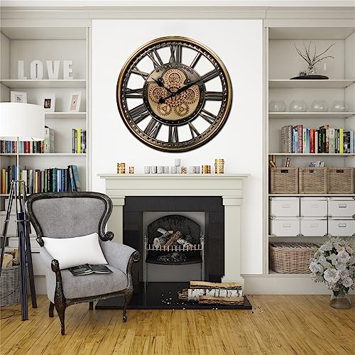 Clxeast Moving Gear Wall Clock For Living Room Decor,Large Modern Metal Industrial Steampunk Oversized Roman Numeral Brass Gold Silent Wall Clock For Farmhouse, 28 Inch #TOP5