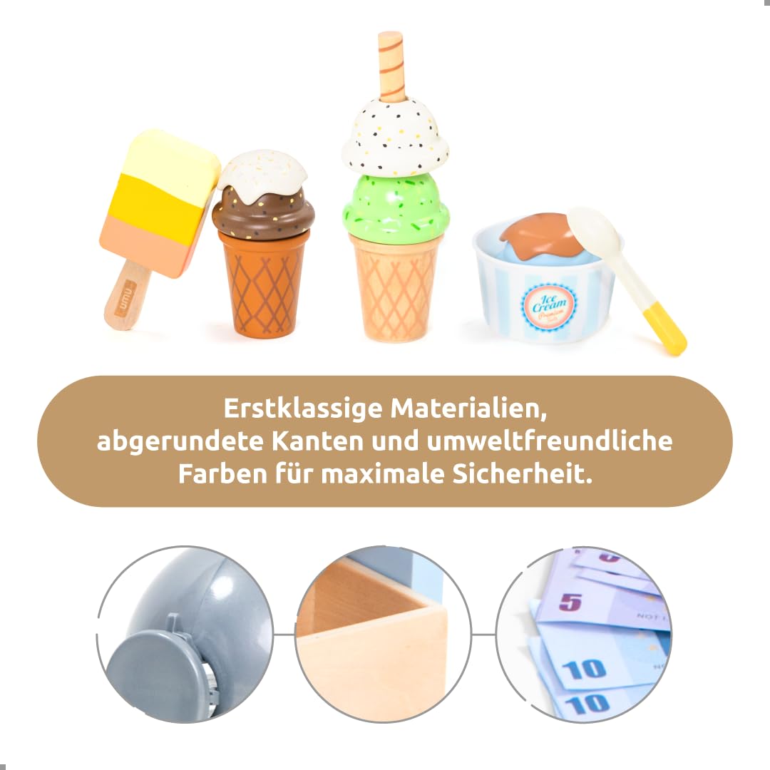 UMU® Kinder Eisdiele aus Holz - Eisladen inkl. Küchenzubehör, Spielgeld, Menükarte usw., Kinderküche Kaufläden & Zubehör zum Rollenspiel, 37-TLG. Holzspielzeug für Kinder ab 3 4 5 6 Jahren