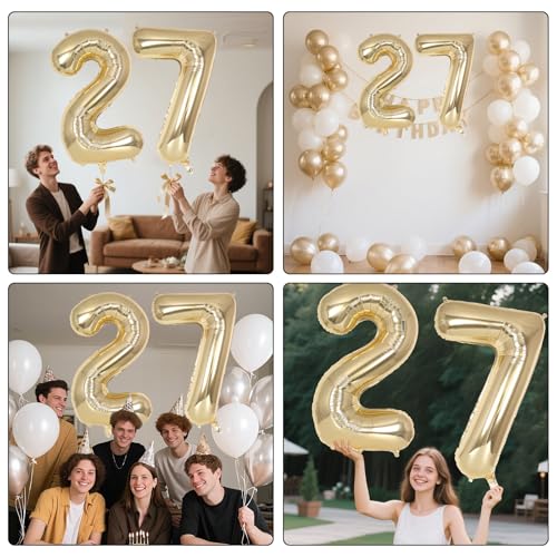 Image of Champagne Gold Large Number 27 Balloon, 40 Inch Light Gold Foil Helium Number Balloons, Giant Mylar Number 27 Balloons for 27 Years Old Birthday Party Anniversary Decorations (Champagne Gold 27)