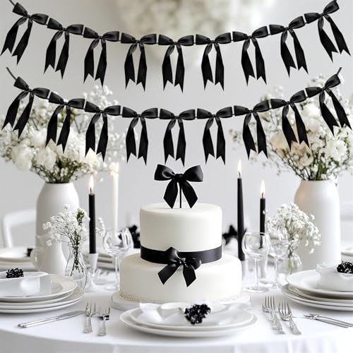 Image of 2pcs Bow Garland Banner Ribbon Bow Party Decorations for Baby Shower Decor Tying The Knot Girls Bow Coquette Birthday Party Decoration (Black)