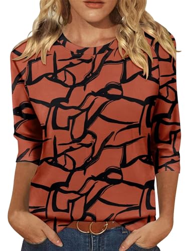 KISSMODA Tunic Tops for Women Loose Fit Dressy Round Neck Pleated 3/4 Length Sleeve Spring Tops