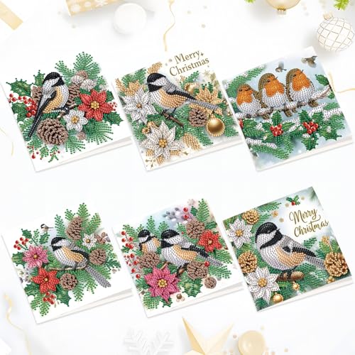Tontut 6pcs Diamond Art Painting Kit Greeting Card, Pine Tree Bird 5D DIY Diamond Handmade Holiday Greeting Card with Envelope, Holiday Gift Congratulation