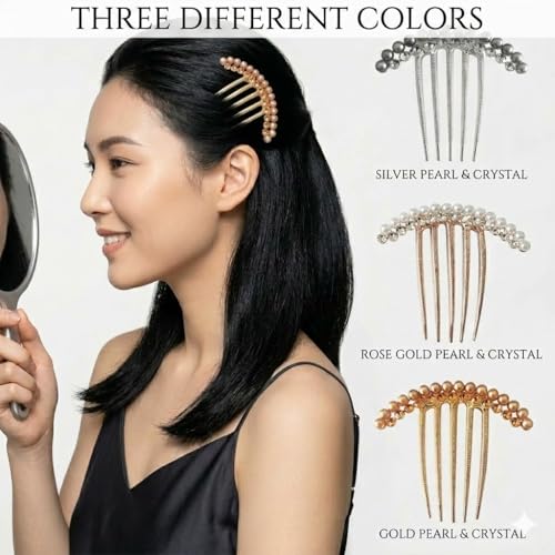 Image of 3 Pack Premium Hair Comb Clips (Gold, Silver, Rose Gold) | Hand-Set Pearls & Crystals | Elegant French Twist Updo Accessories for Weddings, Galas & Professional Wear with storage box