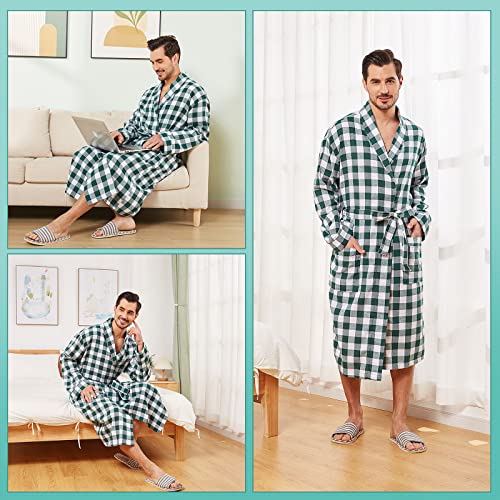 Fashgudim Mens Buffalo Plaid Robe Cotton Flannel Shawl Collar Bathrobe Lightweight Kimono Loungewear Sleepwear (Green & White, S/M) #TOP5