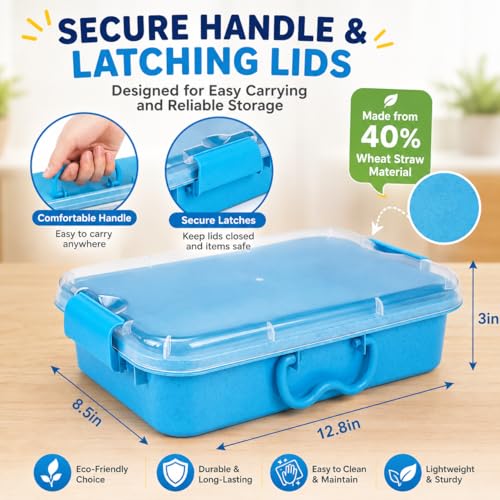 Image of Carolart 3 Pack 12.8 Inch Wheat straw Plastic Storage Bins, Stackable | 40% wheat straw blend containers with lids for sand toy storage, classroom supplies, crafts, toys and homeschool use