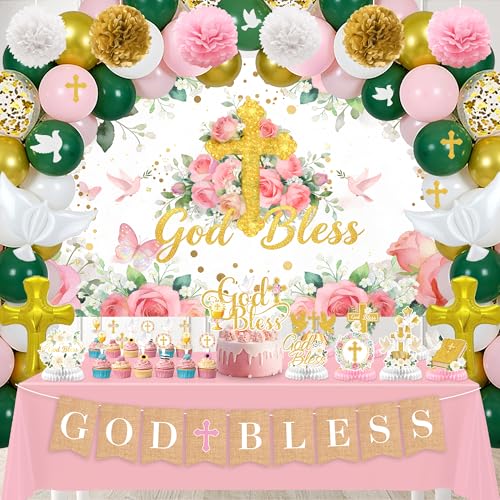 Kosydown Basic Baptism Decorations God Bless Backdrop with 3D Honeycomb Centerpieces, First Communion Bautizo Decorations Party Supplies for Girls, Christening Decor with Tablecloth Banner Balloons by Kosydown Basic - Used condition - Image 8