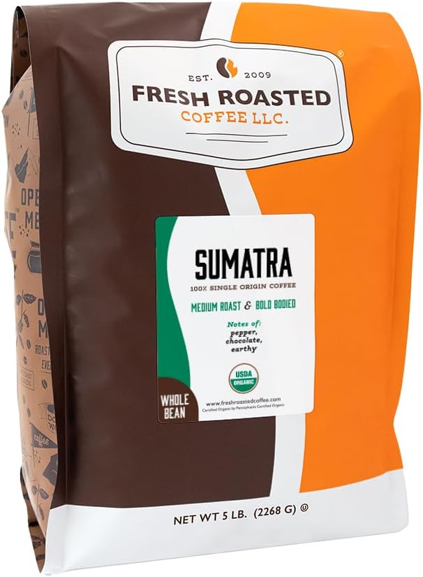 Fresh Roasted Coffee, Organic Sumatra Whole Bean Coffee, Medium Roast, USDA Organic, 100% Single Origin, Kosher, 5 lb (80 oz)