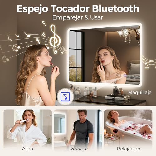 Miniatura 3 de Starlead Espejo-Baño-Con-Luz 100x70cm Con Bluetooth Y Desempañador, Espejo-Baño-Led Con Regulable Y 3 Temperaturas De Color, Función De Memoria, Ip44 Espejos-De-Baño-Con-Led, Horizontal Vertical