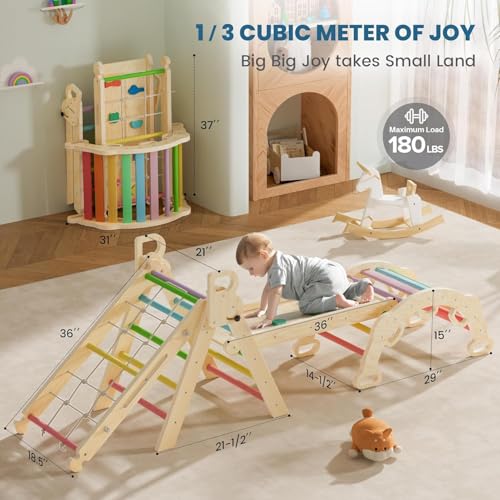 Image of Pikler Triangle Set, Foldable Baby Climbing Wooden Toys with Arch & Ramp & Ladder Climber Indoor Jungle Gyms Ideal for Toddlers Kids