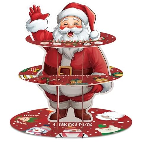 MOAXMOA Christmas Santa Cupcake Stand, 3 Tier Santa Claus Cake Stand Decorations, Xmas Dessert Holder for Christmas Birthday Party Winter Party Decoration Holiday Supplies Cover