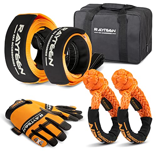 RAYTEEN 4x4 Off-Road Recovery Kit | Includes 33,000lbs x 20ft Tow Strap, 20,000lbs x 8.2ft Tree Saver, 2PCS 39,600lbs Soft Shackle, Recovery Gloves, Carry Bag | Suits for 4x4 Offroad UTV ATV Trucks