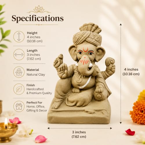 Image of Clay Ganesh Idol, 4 Inches Height, Water Soluble Ganpati Murti for Ganpati Visarjan (Small) (Natural Brown - Pagri Ganesha)