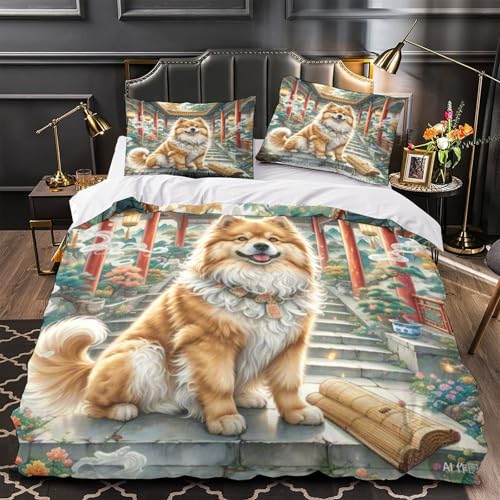 Housse de couette Pékinois 3D microfibre douce lit 2 personnes 220x240cm