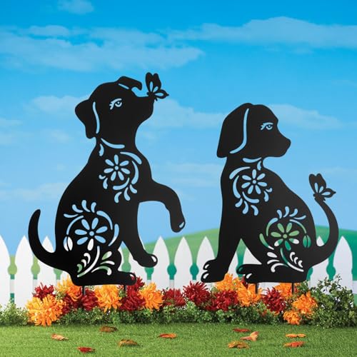 Hokfirm Garden Statues for Outside & Charming Garden Decorations Metal Dog Garden Stake Decor Set of 2 Yard Art