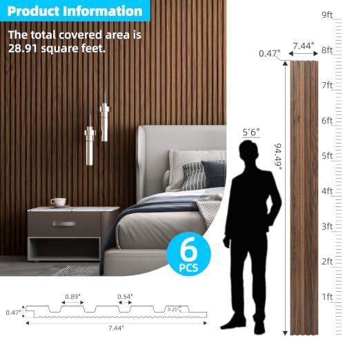 Image of Art3d Wood Slat Wall Panels, Fluted MDF, 6-Pack, 94.6 x 7.4 in,Walnut