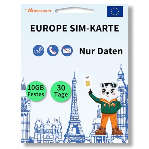 Daten-SIM-Karte für Europareisen, 30 Tage, insgesamt 10 GB für entsperrte Telefone, einfache Aktivierung, 4/5G-Hochgeschwindigkeitskommunikation, Abdeckung Aller europäischen Länder