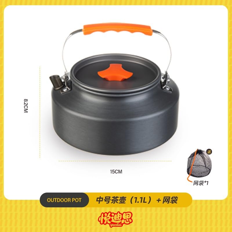 Camping Kettle with Orange Handle, Portable Outdoor Tea Pot, Black (1.1L kettle)