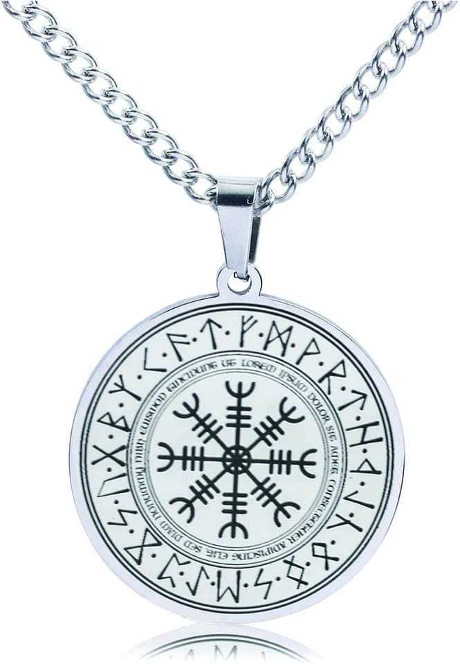 WYPAN Men's Viking Necklace,Nordic Mythology Helm of Awe Rune Round Medallion Pendant,Vintage Viking Jewelry Gifts for Men