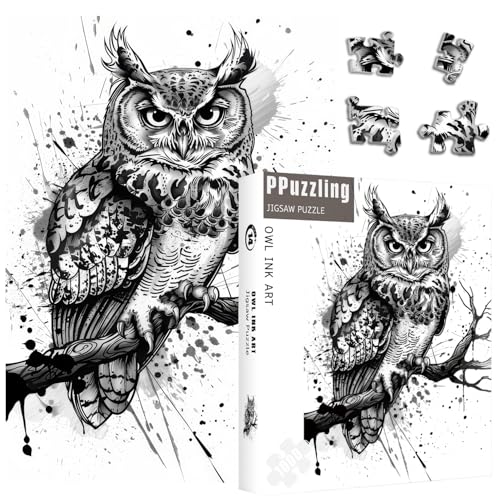Puzzles de Búho para Adultos 1000 Piezas, Rompecabezas de Naturaleza y Bosque con Pájaros, Arte en Blanco y Negro de Animales de Jungla como Decoración de Búho miniatura 1